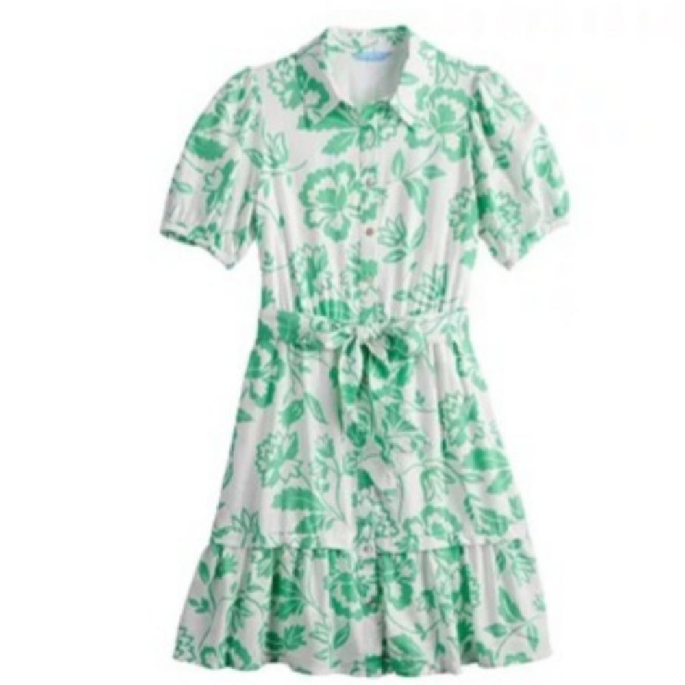 New Draper James RSVP Green White Floral Ruffle Buttondown Belt Bow Dress XXL